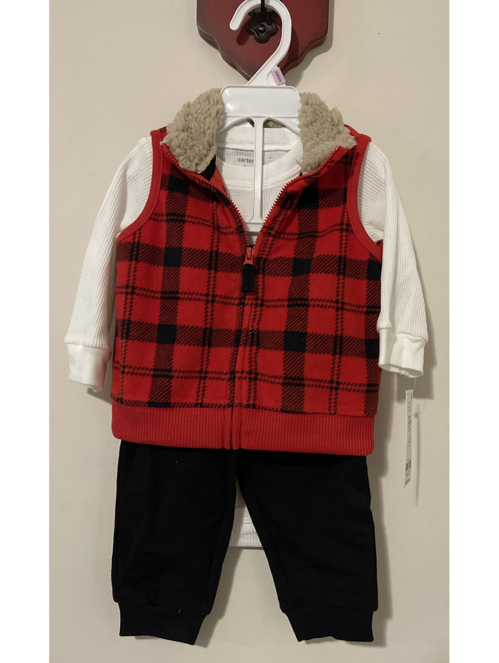 Carters Boys 9 Month Red & Black Outfit - Top, Pants, Vest - 3 Piece NWT! A3480